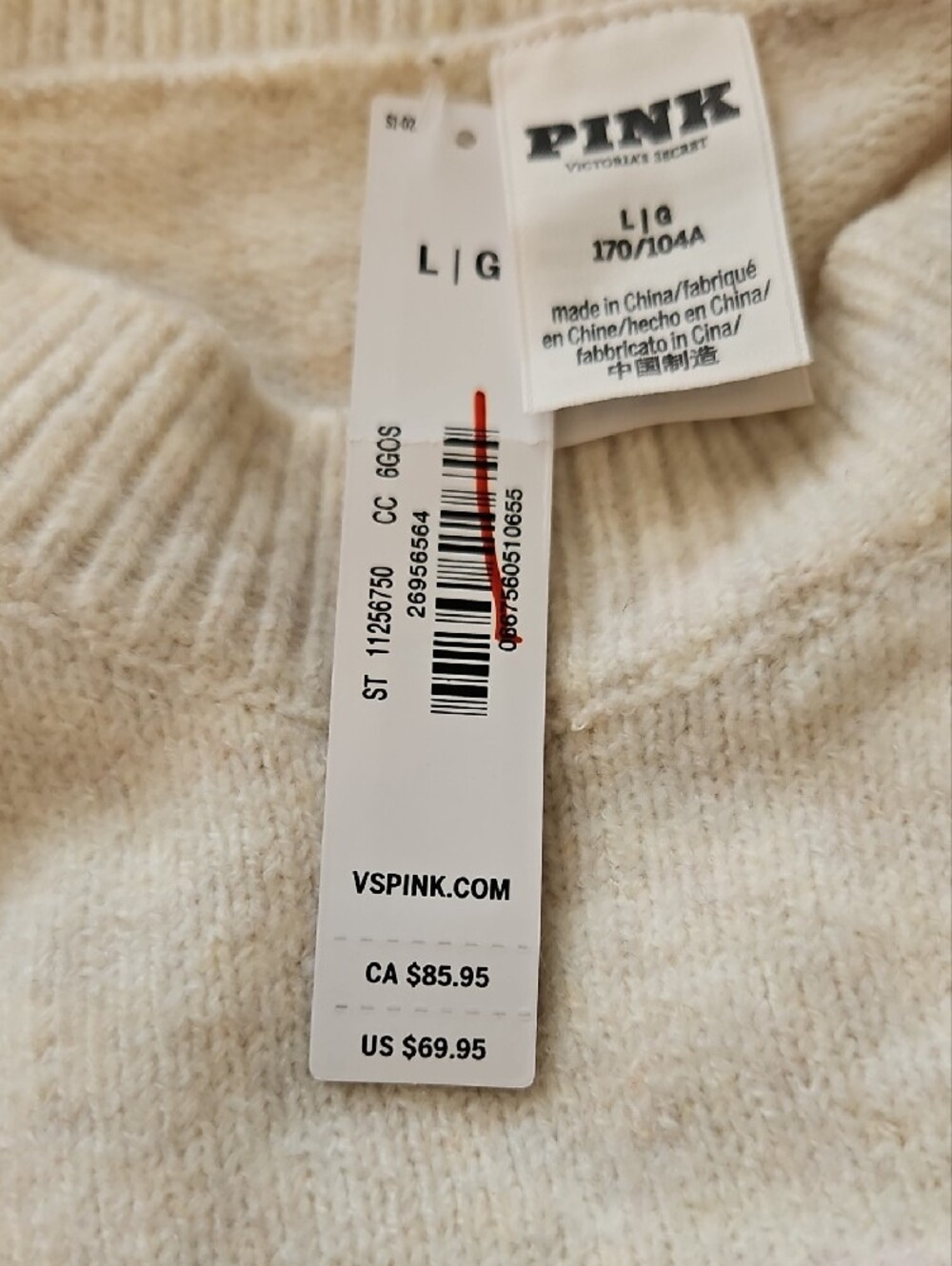 PINK Victoria's Secret Cream 'Pink Ski Club' Crewneck Sweater LARGE NWT - Picture 2 of 5